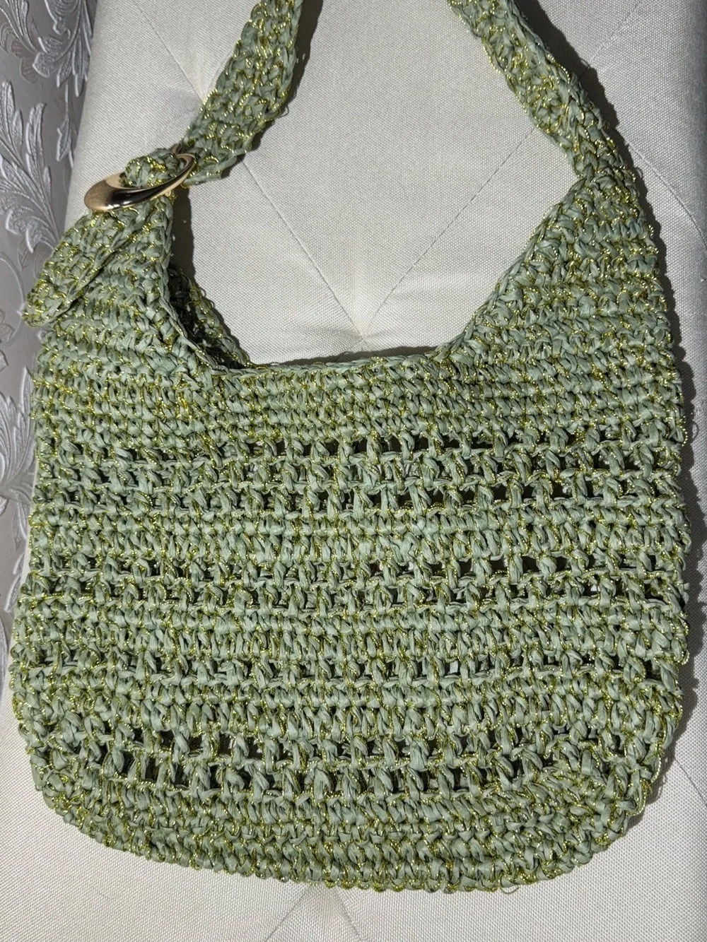 Anthropologie Nikki Raffia Buckle Bag Woven Olive Green Crochet Shoulder Bag - Picture 8 of 10